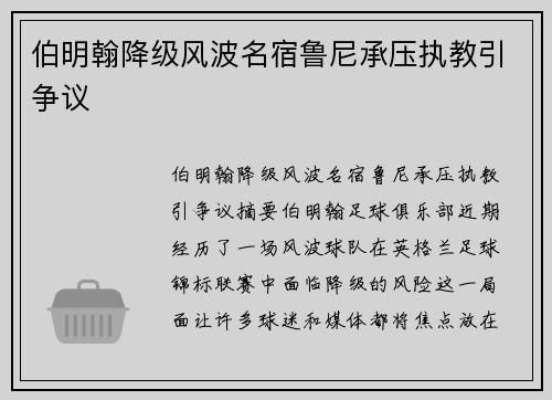 伯明翰降级风波名宿鲁尼承压执教引争议 伯明翰降级风波名宿鲁尼承压执教引争议